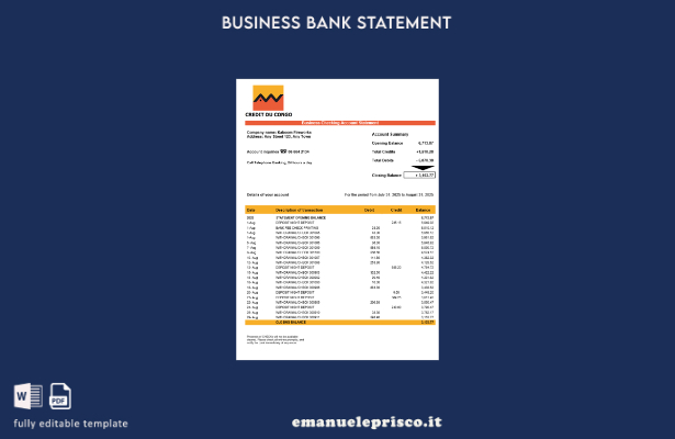 stile verificato Estratto conto bancario Congo Credit du Congo modello Word e PD